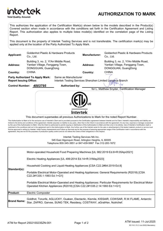 Intertek ETL Listed — Authorization to Mark (cETLus) — Control 4003795 · ATM 250210023SZN-001