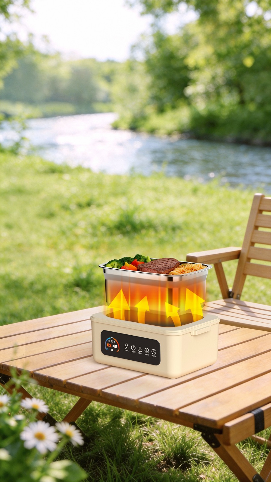 GoldHot heated lunchbox on a wooden table by a river, with heat arrows visible rising from the stainless tray of food.